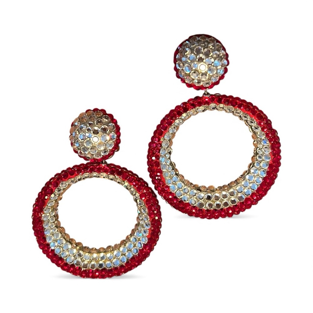 Vintage RICHARD KERR Red and White Crystal Jeweled Pair of Clip Earrings